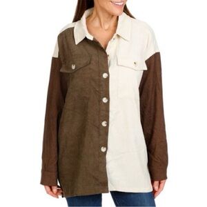 Pie In The Sky Colorblock Corduroy Button Down Shirt Brown Multi Woman Med NWT